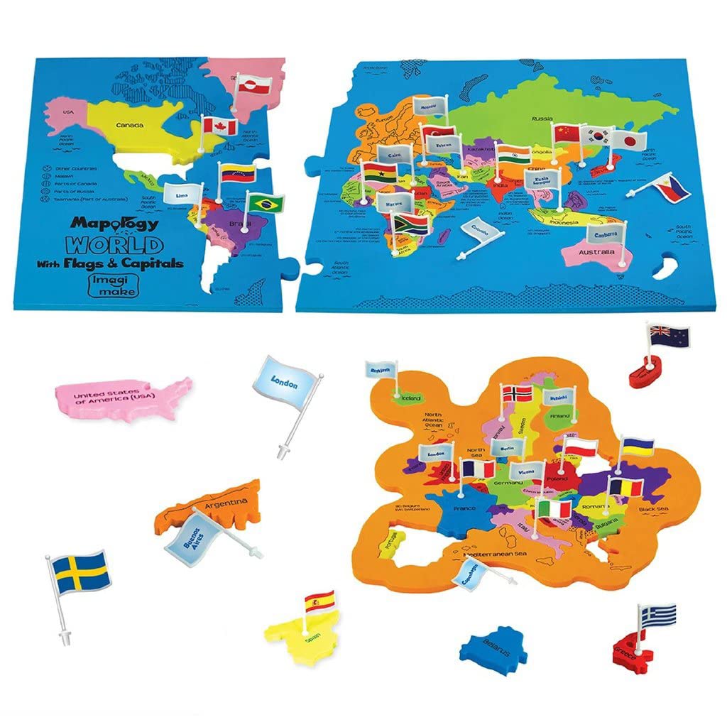 World Map Puzzle for Kids 75 Pieces, Flags, Capitals & Frames