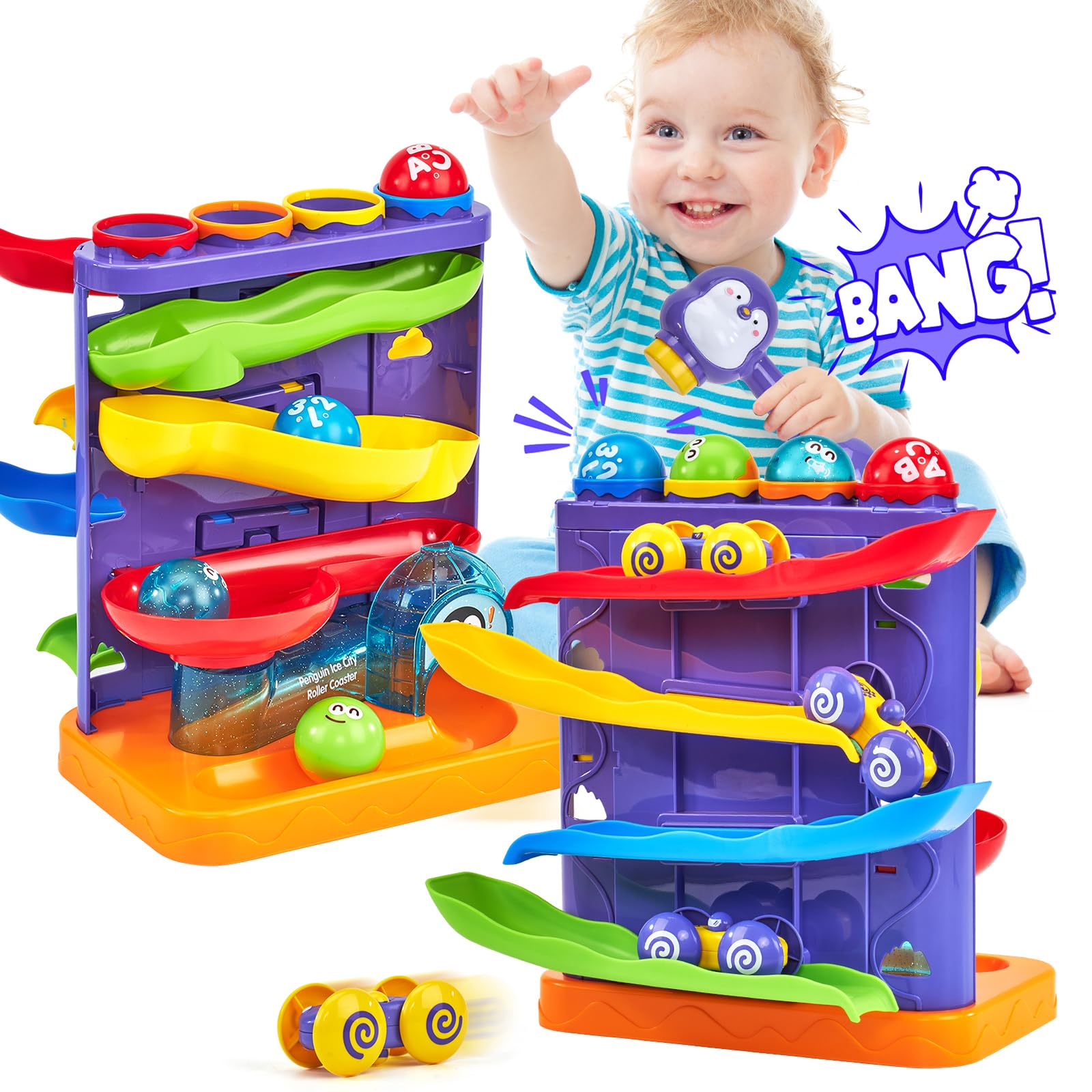 Montessori Ball Hammer Ramp Set with Mini Cars, Toddler Learning Game