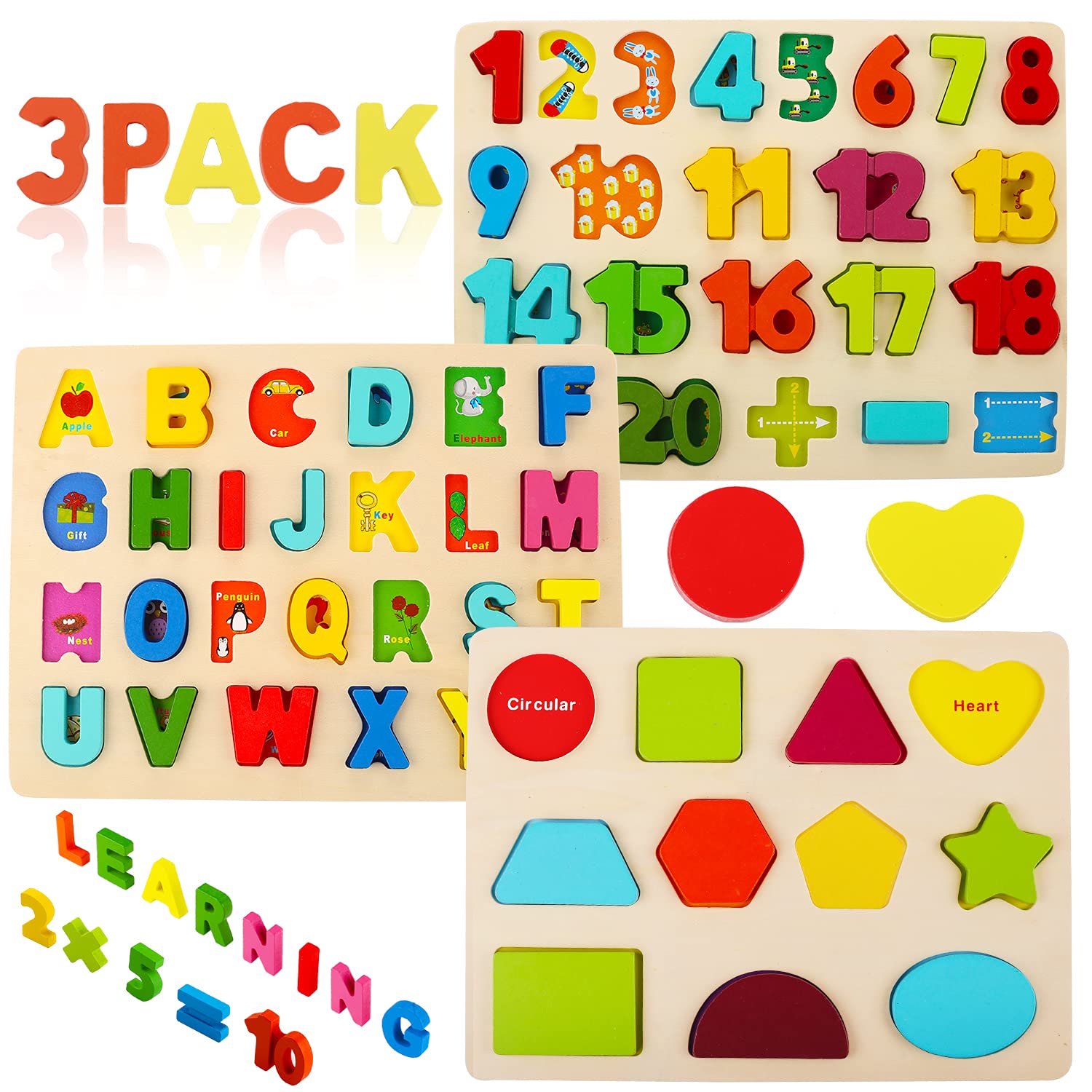 Montessori Wooden Puzzle Set with Letters, Shapes and Numbers Boards