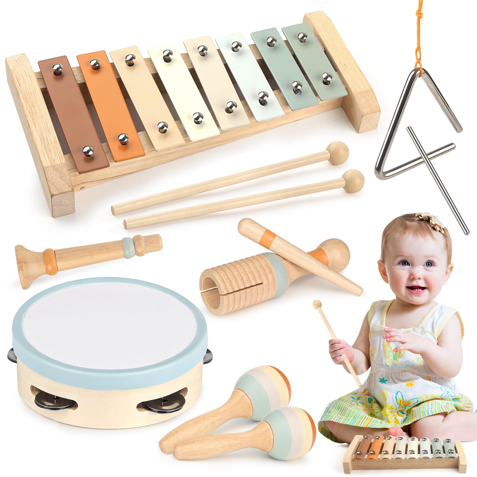 Montessori Wooden Music Set with Drum, Xylophone, Maracas for Kids