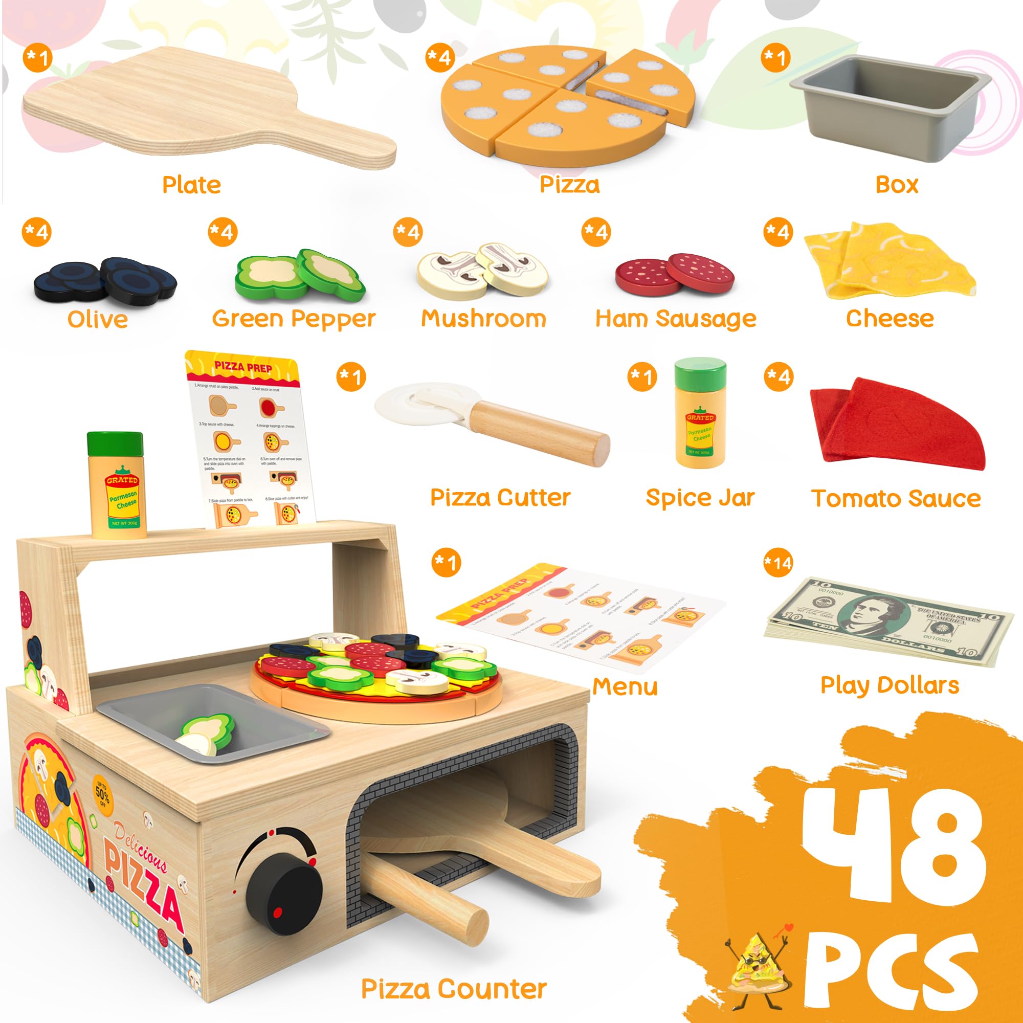 Montessori Wooden Pizza Toy with Counter Menu, Oven, Storage 49 Pieces