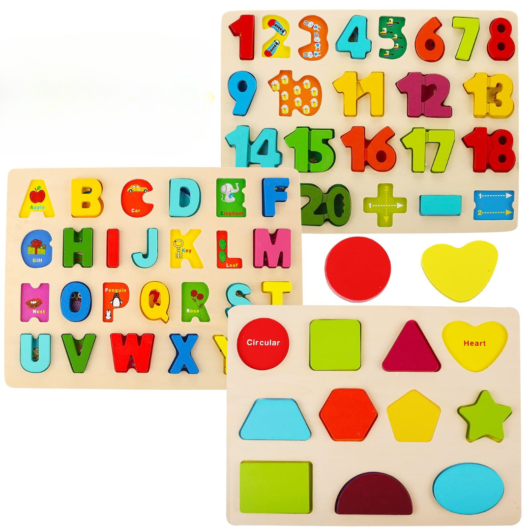 Montessori Wooden Puzzle Set with Letters, Shapes and Numbers Boards